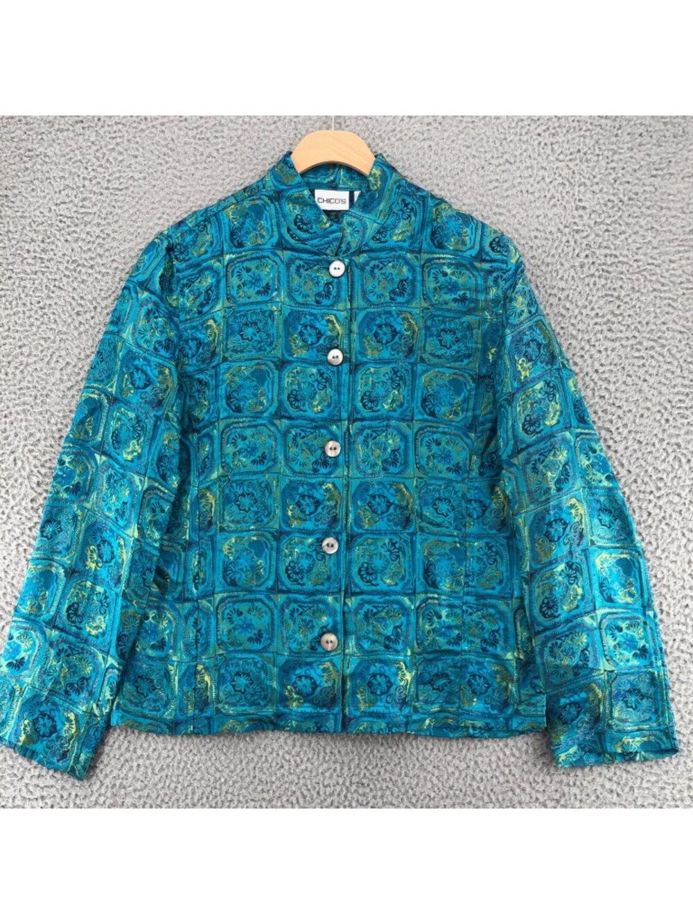 Chicos Jacket Women 0 US Small Green Blue Floral Silk Blend Button Asian Shimmer - Picture 1 of 9